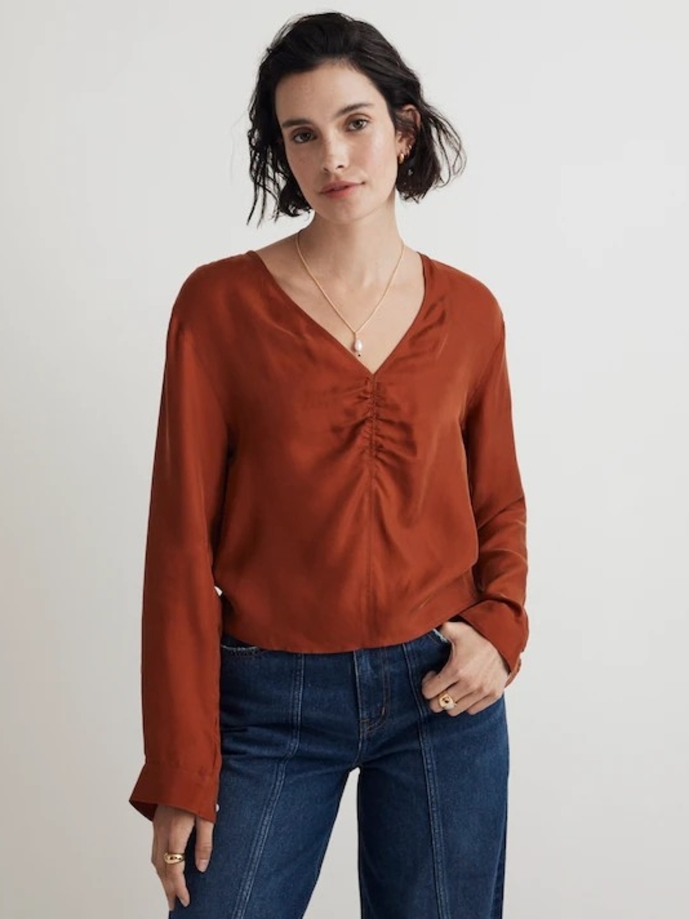 Madewell Rust Satin Ruched V-Neck Blouse